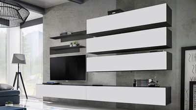 Гостиная 4 Белый Фасадный 0101 / Черный 0190 320*40*180 см, Белый Фасадный, Черный   Фиеста