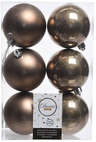 Набор пластиковых шаров Парис 80 мм, коричневый, 6 шт, Kaemingk (022030)