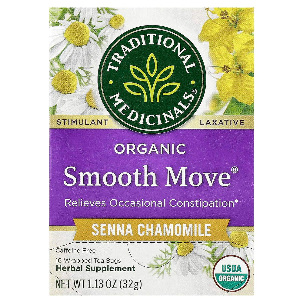 Traditional Medicinals, Organic Smooth Move®, сенна и ромашка, без кофеина, 16 упакованных чайных пакетиков, 32 г (1,13 унции)