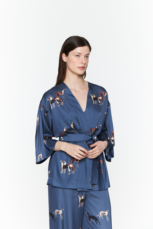 Шелковая блуза-кимоно с борзыми графит