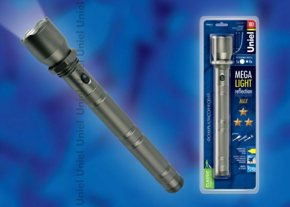 S-LD033-C Gun Metal Фонарь Uniel серии Стандарт Mega Light – Reflection Max, алюминиевый корпус, 3 Watt Led, упаковка – кламшелл, 4ХD н/к, цвет – ме