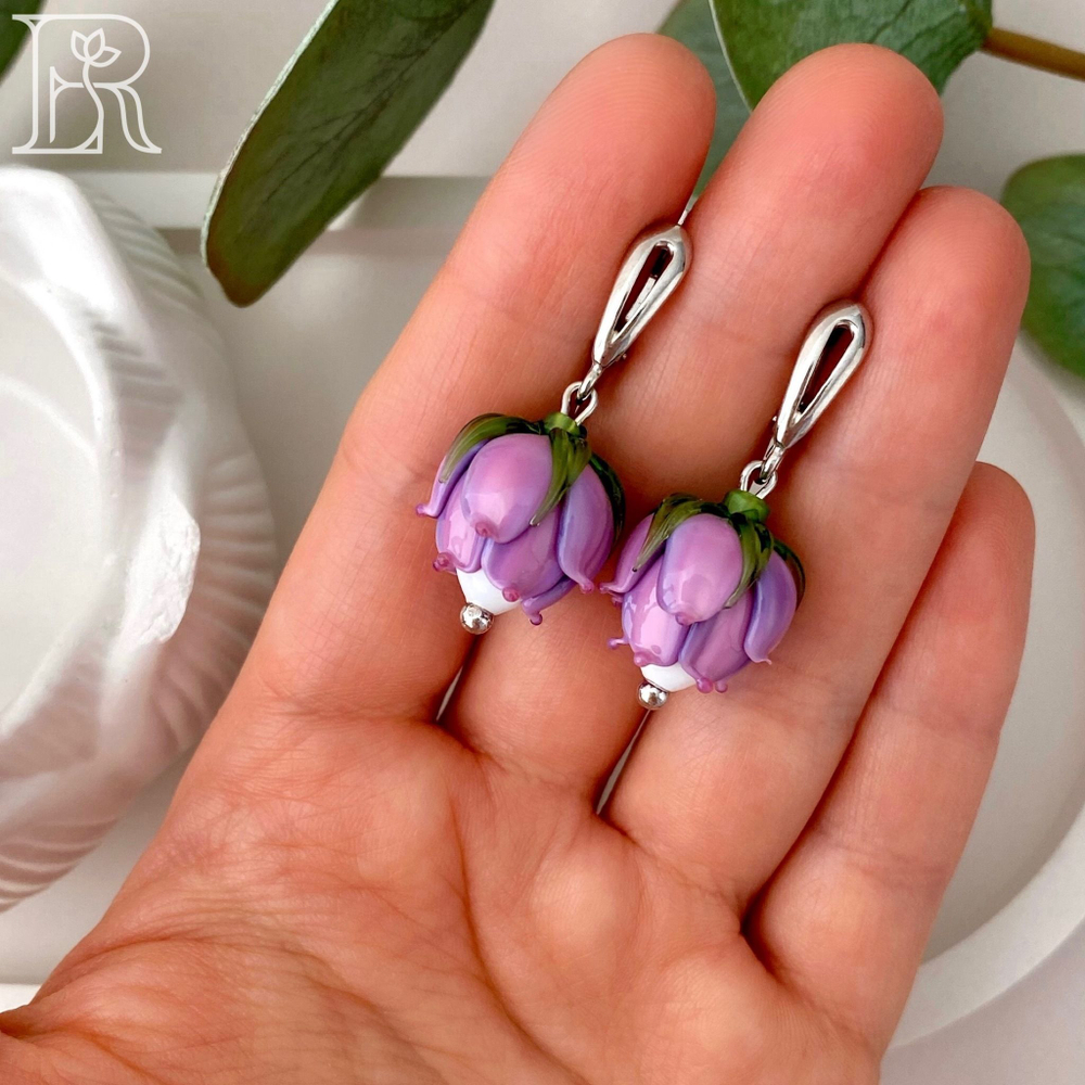 LEFIREL' Серьги серебряные женские "Ниэлла" с цветами из муранского стекла / ювелирные украшения из родированного серебра 925