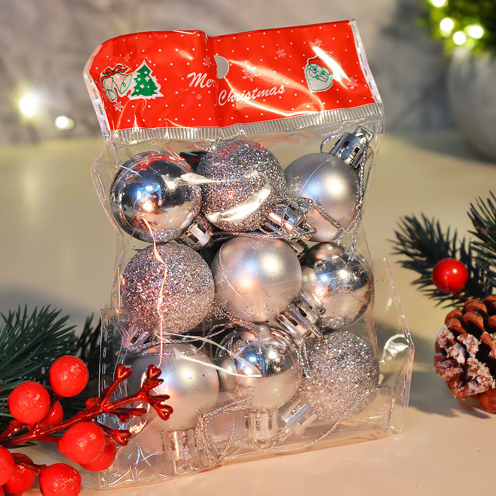 Шар новогодний 9шт 3см глянецевые, матовые, с блестками, цвет серебро