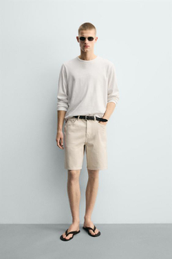 ZARA ДЖИНСОВЫЕ БЕРМУДЫ STRAIGHT FIT, ЖЕЛТОВАТО-БЕЛЫЙ