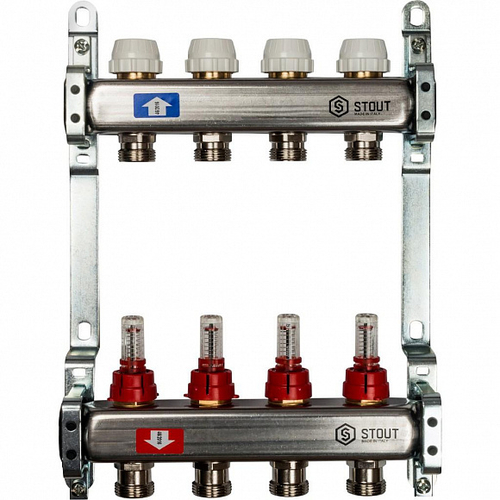 Коллекторная группа STOUT из нерж. стали с расходомерами 4 выхода