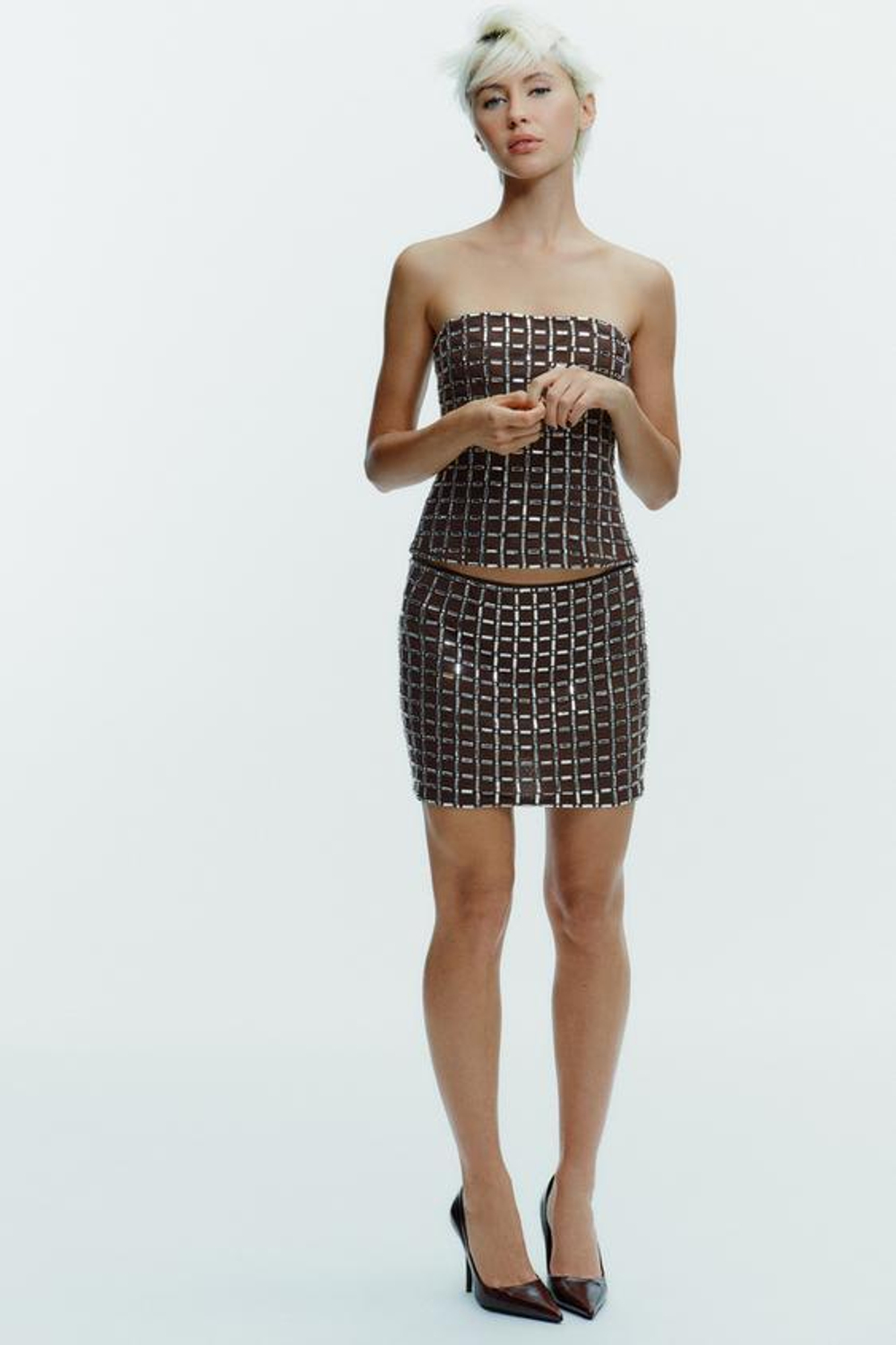 ZARA МИНИ-ЮБКА СО СТРАЗАМИ, КОРИЧНЕВЫЙ