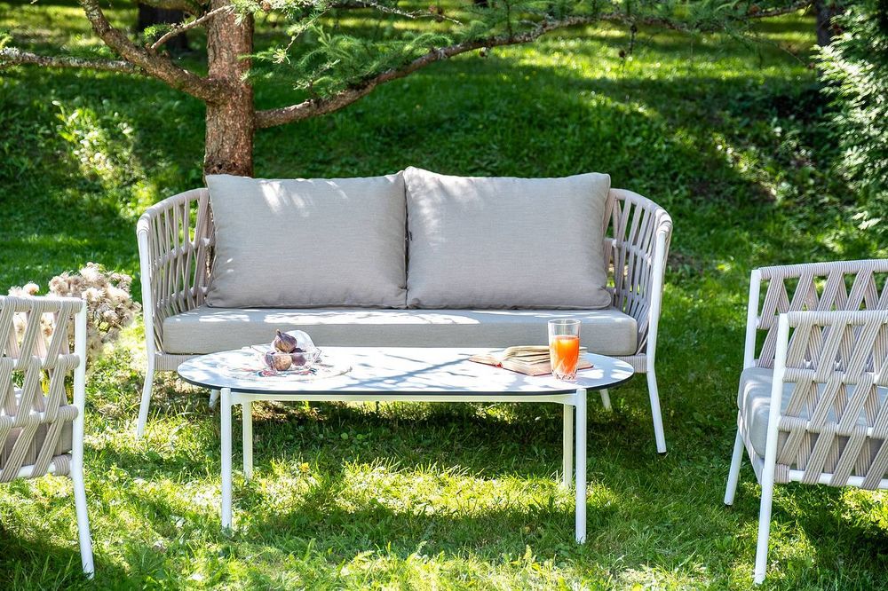 "Диего" лаунж-зона 4-местная плетеная из роупа (веревки), каркас алюминиевый белый, роуп бежевый