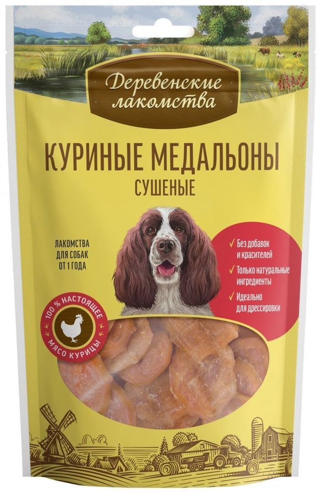 Лакомство Деревенские лакомства для собак, куриные медальоны сушеные, 90 г