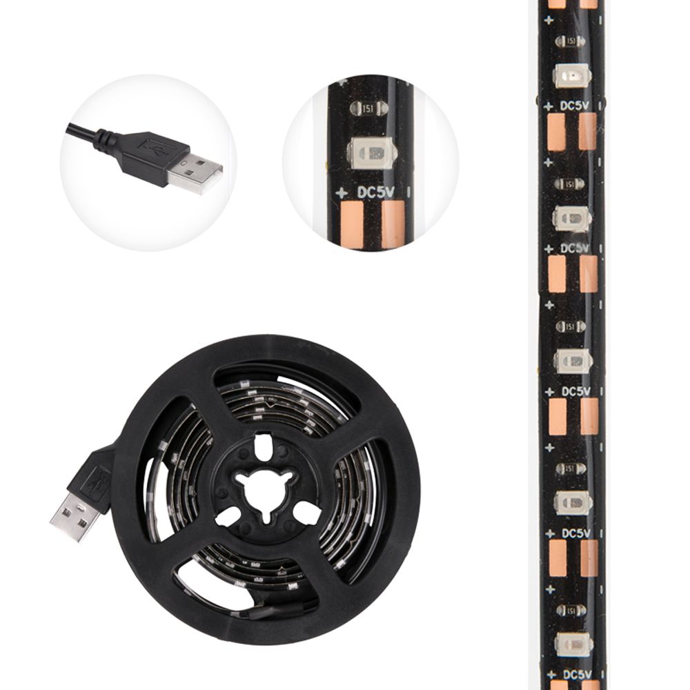 Лента светодиодная 5В, SMD2835, 4,8Вт/м, 60 LED/м, зеленый, 8мм, 1м, с USB коннектором, черная, IP65
