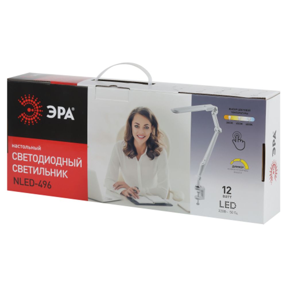 Настольный светильник ЭРА NLED-496-12W-W светодиодный на струбцине белый