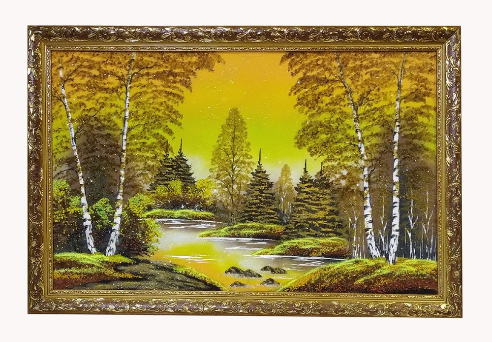 Картина № 8 &quot; Янтарный вечер&quot; рисованная уральскими минералами в деревянном багете , размер 59-89-2.5см