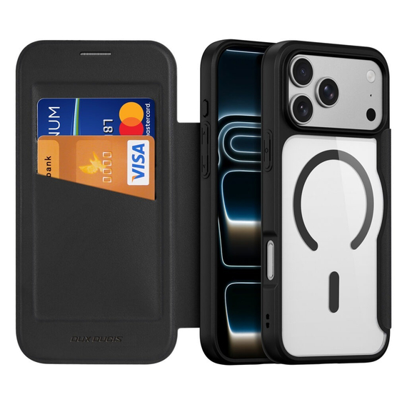 Чехол книжка черного цвета с поддержкой MagSafe от Dux Ducis для iPhone 17 Pro, серия Skin X Pro Series Case