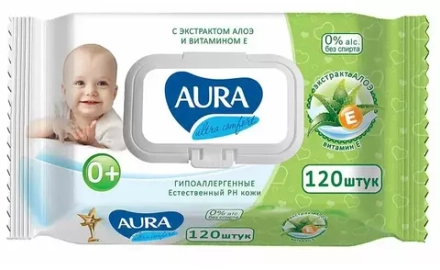 Влажные салфетки Aura Ultra comfort с экстрактом алоэ и витамином E, пластиковая крышка, 120 шт.