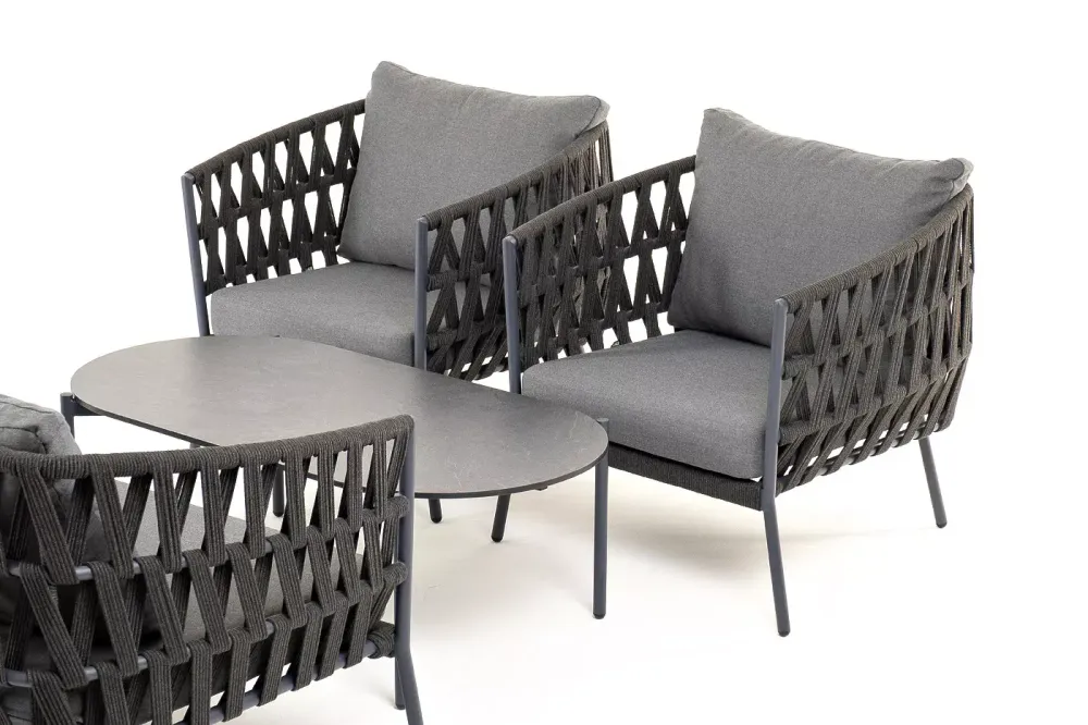 "Диего" лаунж-зона 4-местная плетеная из роупа (веревки), каркас алюминиевый темно-серый, роуп темно-серый