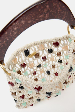 ZARA СУМКА-МЕШОК С БУСИНАМИ, СВЕТЛО-БЕЖЕВЫЙ