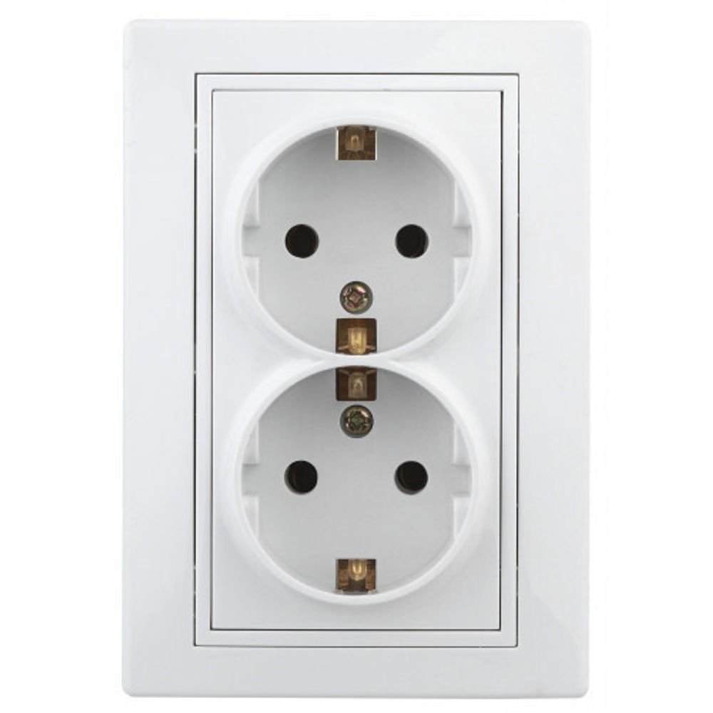 Розетка Intro Plano 1-208-01 с заземлением двойная 2X2P+E Schuko со шторками, 16А-250В, IP20, СУ, белый