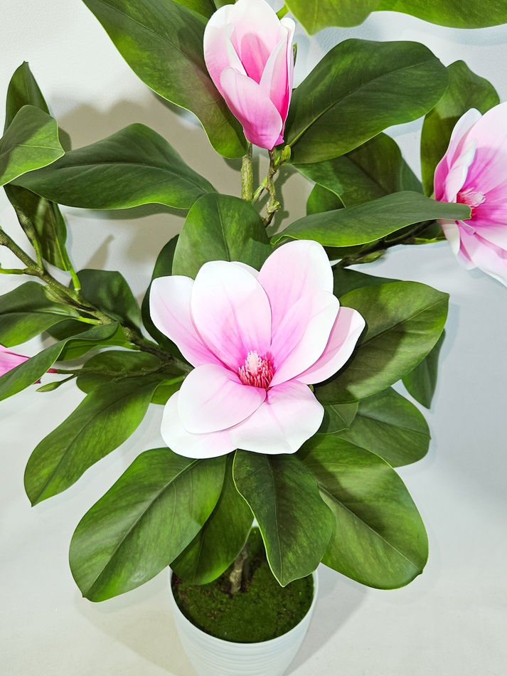 Куст искусственная Магнолия с розовыми цветами 100см в кашпо