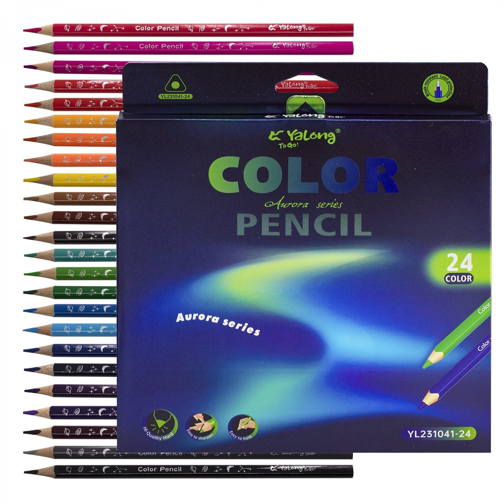 Карандаши цветные Yalong 24 цв., "Aurora series" деревянные, трехгранные, заточенные, грифель 3.0 мм, картон. уп., европодвес