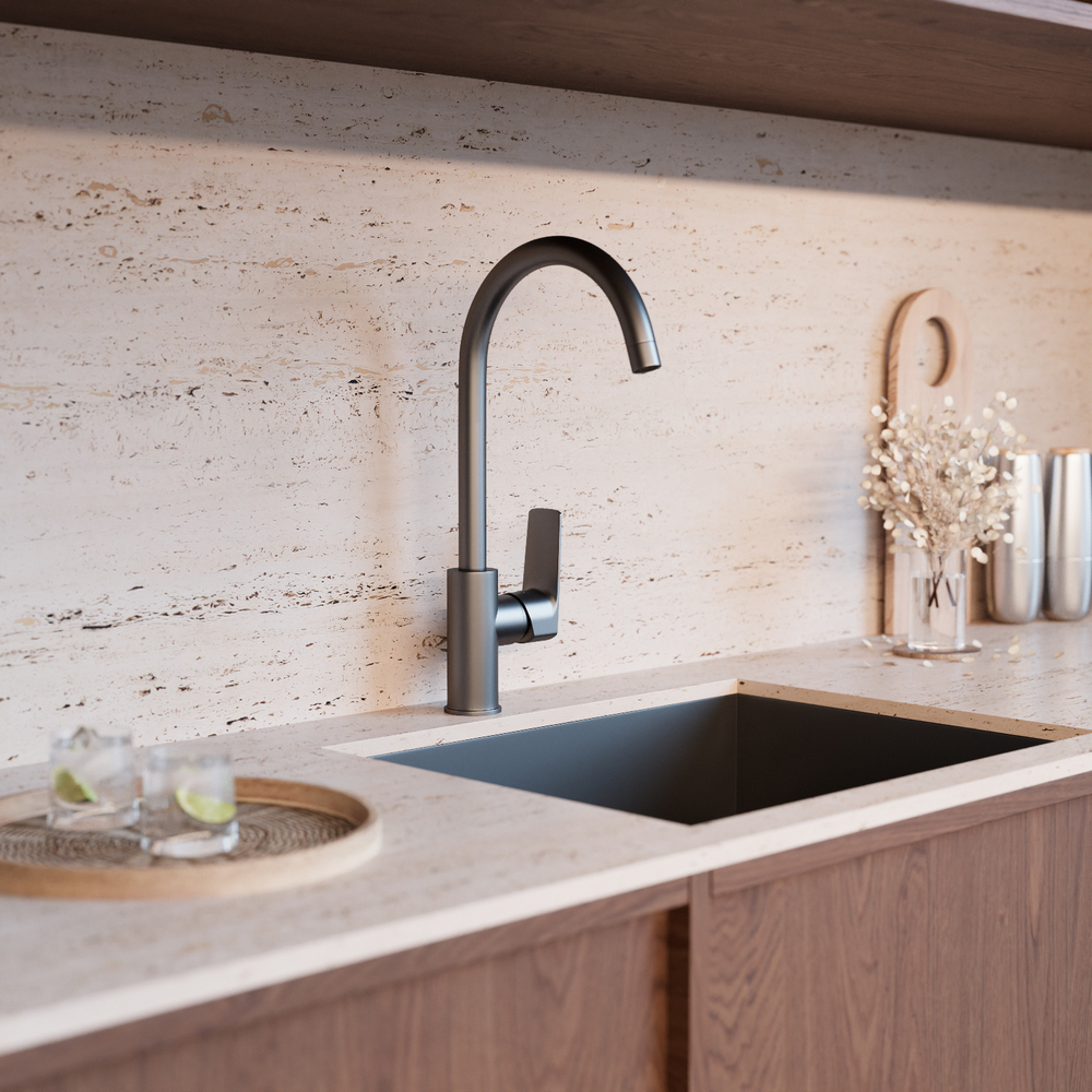 Смеситель для кухни 35k MIXLINE ML15-031GR высокий излив б/отв боковая п/гайку (без подводки) ГРАФИТ