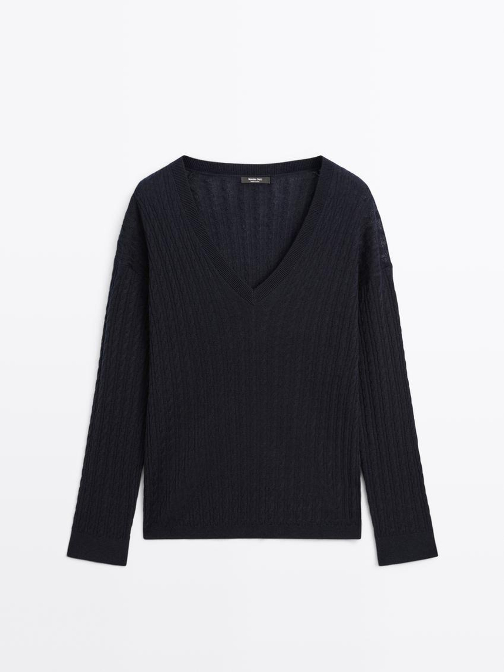 Massimo Dutti Свитер косовой вязки с V-образным вырезом, темно-синий