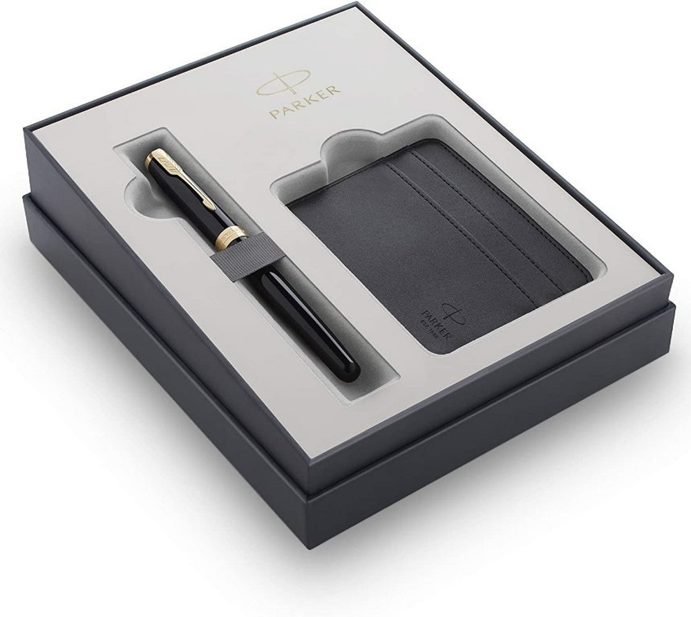 Подарочный набор Parker Sonnet с перьевой ручкой и футляром для карточек  Black GT, перо: M, цвет чернил: black, в подарочной упаковке