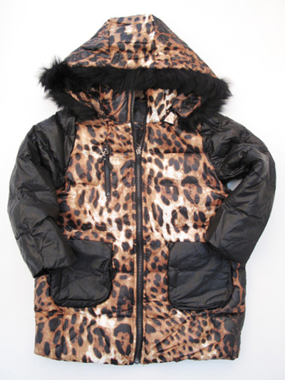 Пуховик детский леопардовый с однотонными рукавами