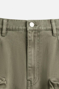 ZARA ДЖИНСОВЫЕ БРЮКИ КАРГО С КАРМАНАМИ, ЗЕЛЕНЫЙ