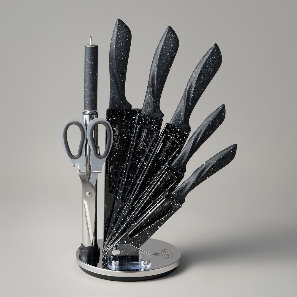 НАБОР НОЖЕЙ AGNESS С НОЖНИЦАМИ И МУСАТОМ НА ПЛАСТИКОВОЙ ПОДСТАВКЕ, 8 ПРЕДМЕТОВ