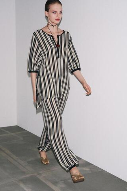 ZARA БРЮКИ В ПОЛОСКУ ИЗ ЛЬНЯНОЙ ТКАНИ С МАНЖЕТАМИ, ЭКРЮ / ЧЕРНЫЙ