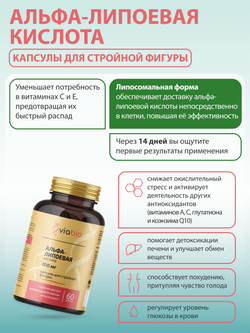 Альфа-липоевая кислота VIABIO 100 мг, капсулы для стройной фигуры и детокса, антиоксидант, 60 капсул