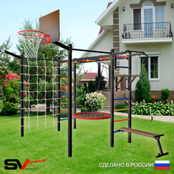 Уличная шведская стенка Sv Sport рукоход с комплектом турник прямой 2шт У5257К (Турник/Брусья/Скамья/Гнездо 80см/Щит баскет/Кронш бокс/Сетка)