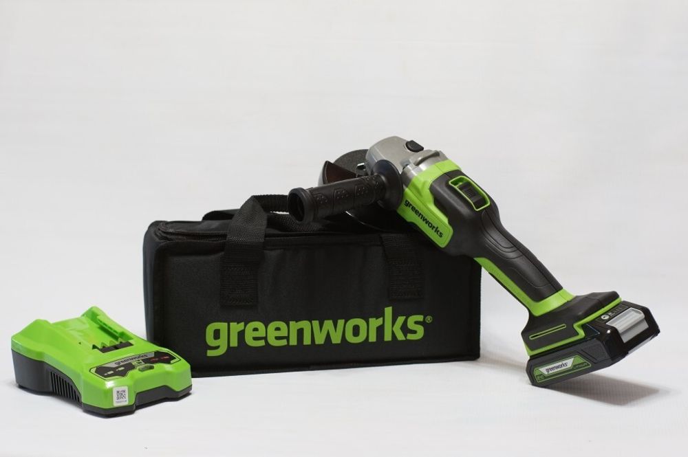 Аккумуляторная угловая шлифовальная машина Greenworks GD24AGK2,3200207UA, 24v, АКБ 2 А·ч и ЗУ,сумка