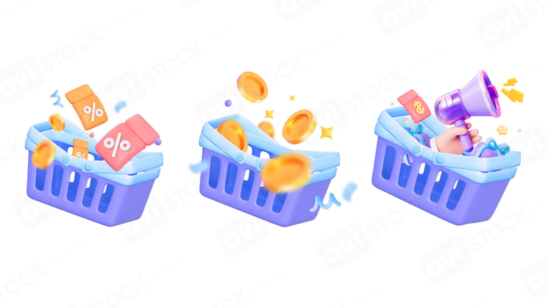 Коллекция 3D-иллюстраций корзин для акций и шопинга