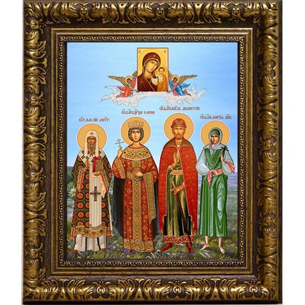 Святые Димитрий, Елена, Алексий и Мария. Семейная икона на льняном холсте.