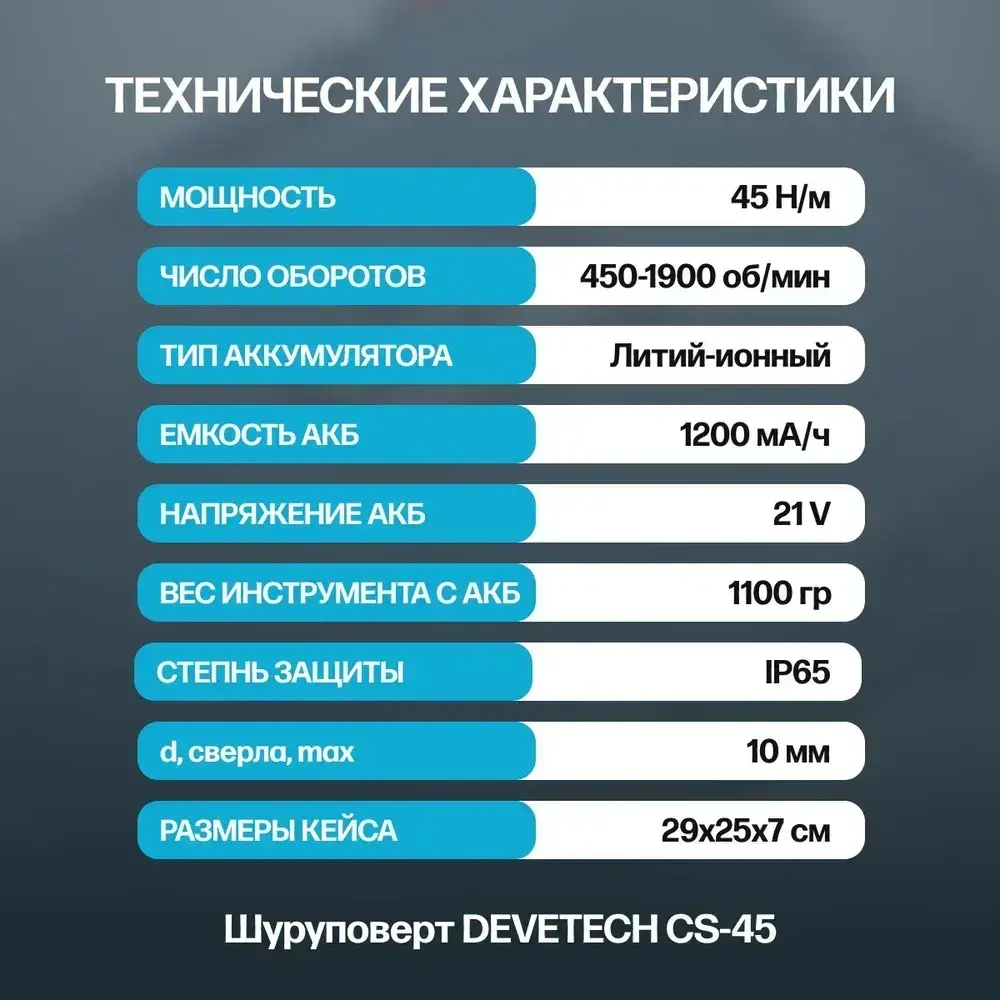 DEVETECH Шуруповерт, 21 В, 45 Нм, 2 АКБ