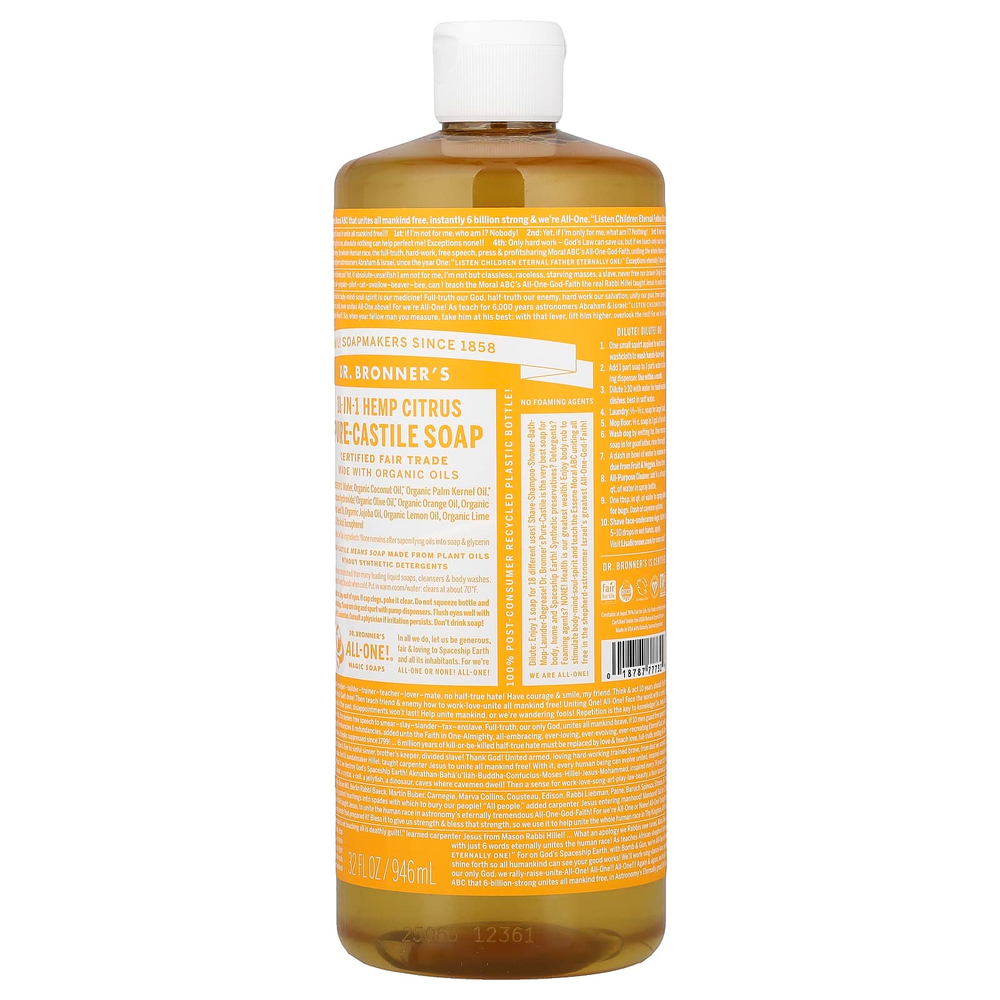 Dr. Bronner's, кастильское мыло 18 в 1, с коноплей и цитрусом, 946 мл (32 жидк. унции)