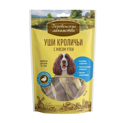 Лакомство "Уши кроличьи с мясом утки" 90 г - для собак (Деревенские лакомства 79711847)