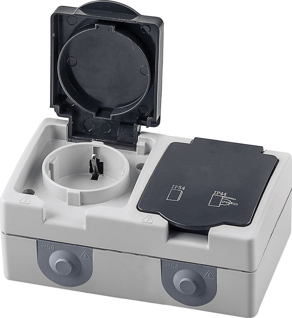 Розетка 2 местная STEKKER Велена серый с/з 16А 250В IP54