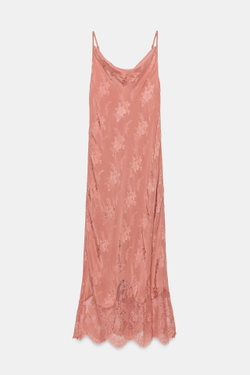 ZARA ЖАККАРДОВОЕ ПЛАТЬЕ С КРУЖЕВОМ — ZW COLLECTION, ЛОСОСЕВЫЙ