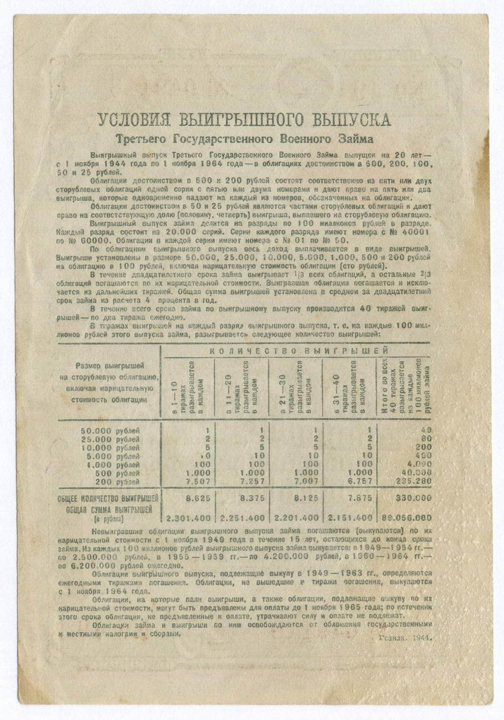 Облигация 25 рублей 1944 год. 3-ий государственный военный заем. Серия 049118. F