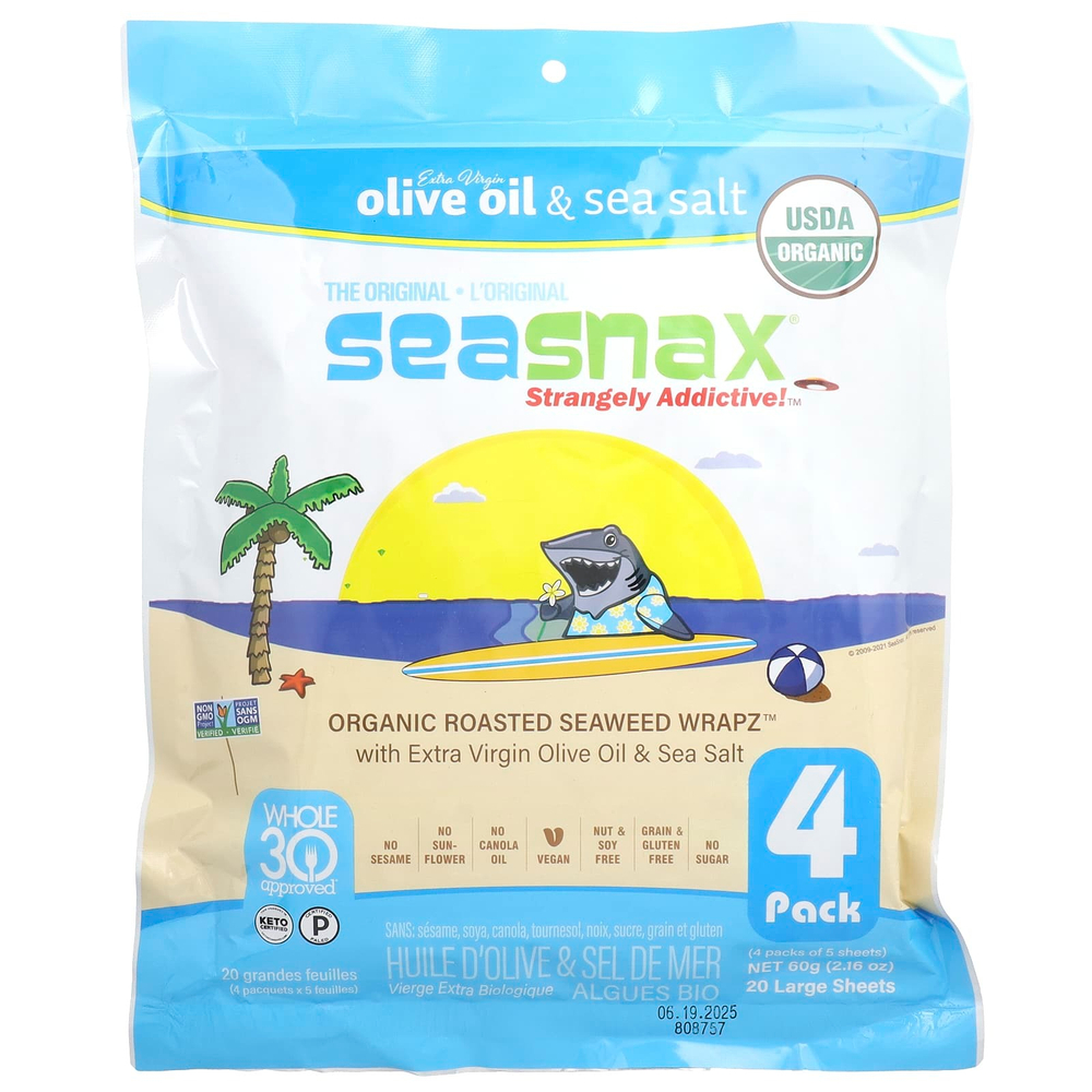 SeaSnax, Organic Roasted Seaweed Wrapz ™, оливковое масло и морская соль, 20 больших листов, 60 г (2,16 унции)