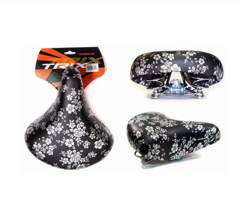 Седло TRIX комфорт 245x210 мм, пружинное, черное, дизайн "цветы" (30)
