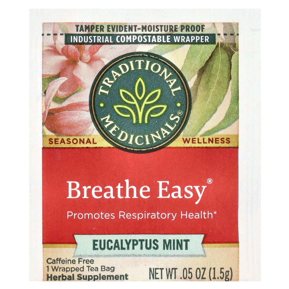 Traditional Medicinals, Breathe Easy, эвкалипт и мята, без кофеина, 16 чайных пакетиков в упаковке, 24 г (0,85 унции)