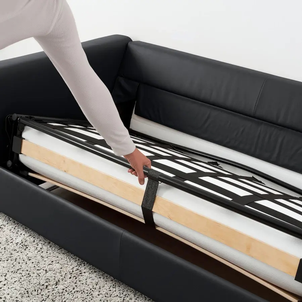 5-местный угловой диван со спальным местом - IKEA VIMLE/GRANN/BOMSTAD, черный, кожа, 349/249х164/98х83 см, 140х200 см, ВИМЛЕ/ГРАНН/БУМСТАД ИКЕА