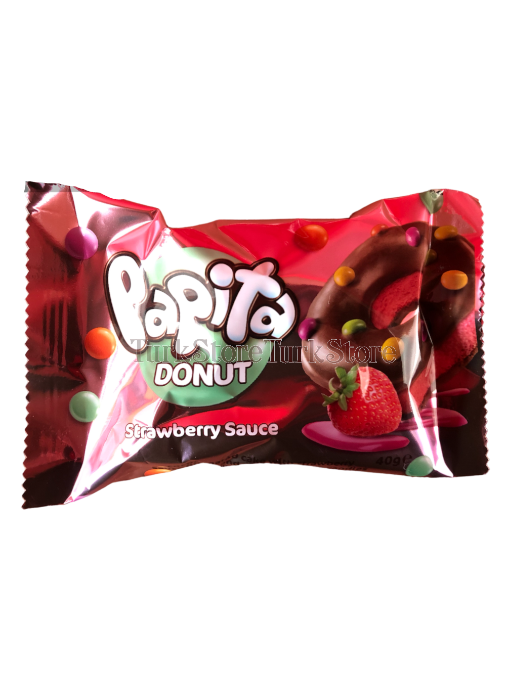 Пончик PAPITA DONUT с какао-глазурью, клубничной начинкой и цветным драже 40 гр