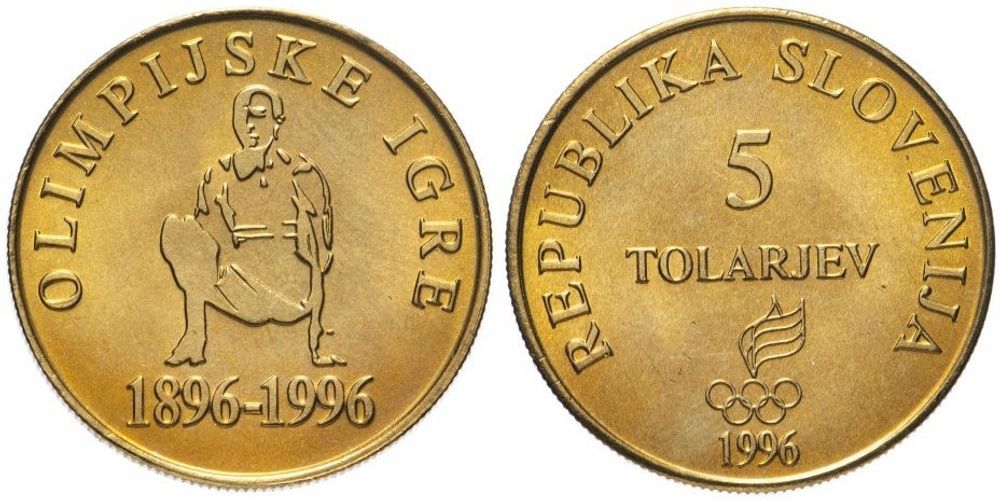 Словения 5 толаров, 1996 100 лет современным Олимпийским Играм UNC