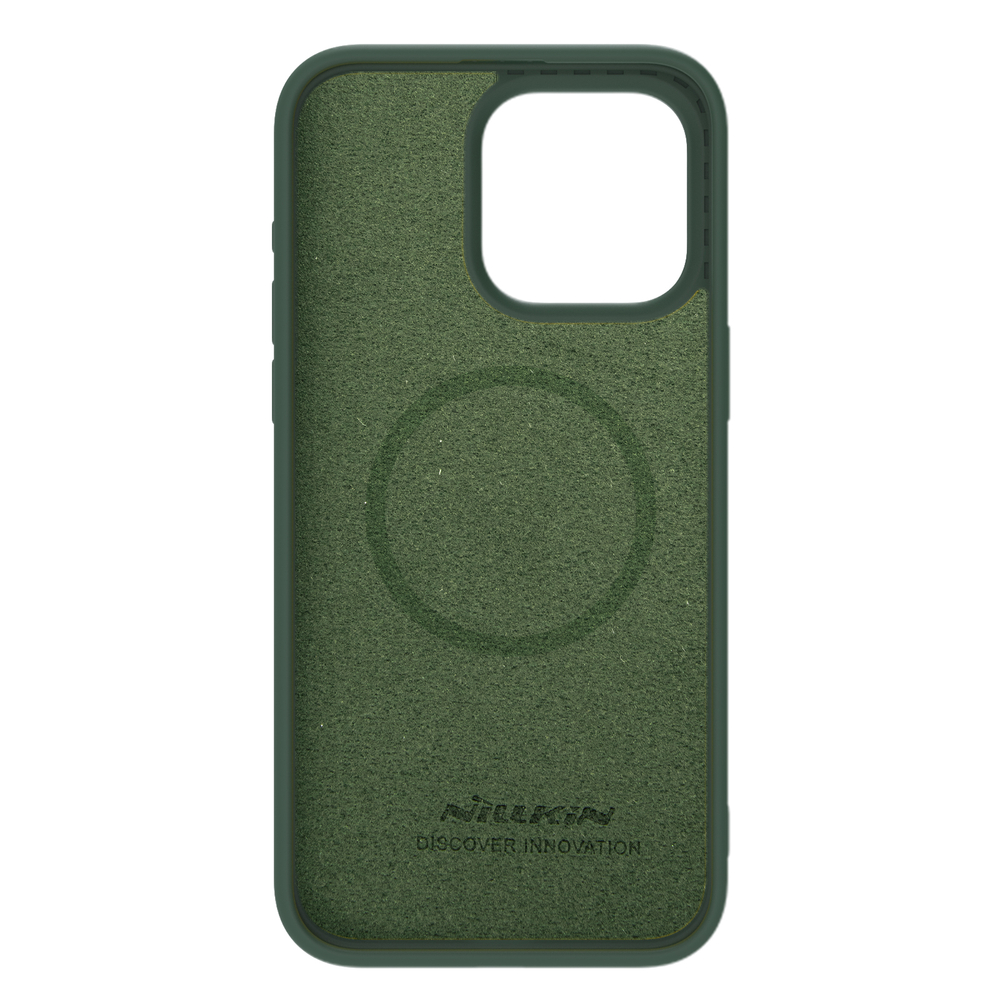 Чехол с MagSafe и с шелковистым покрытием темно-зеленого цвета (Foggy Green) от Nillkin для iPhone 15 Pro Max, серия CamShield Silky Magnetic Silicone Case