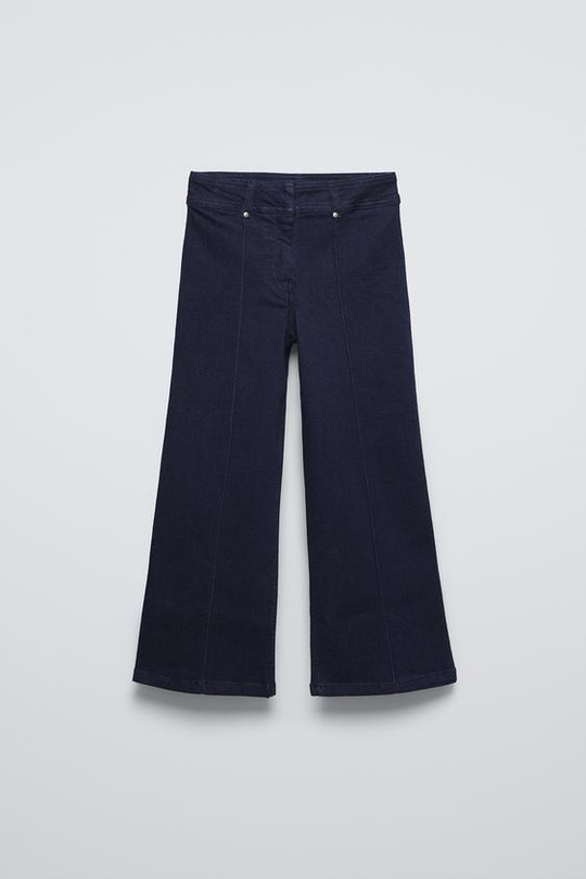 ZARA РАСКЛЕШЕННЫЕ ДЖИНСЫ С ДЕКОРАТИВНОЙ СТРОЧКОЙ, СИНИЙ