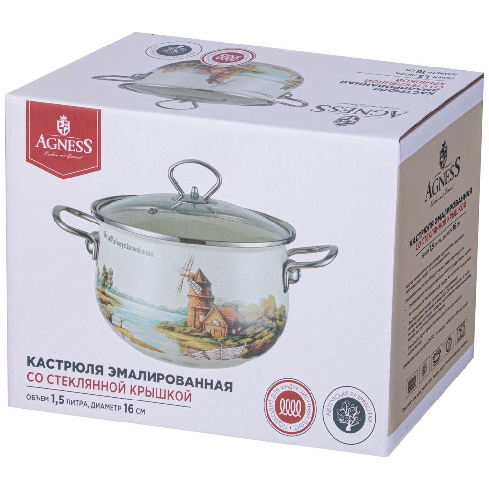 КАСТРЮЛЯ AGNESS ЭМАЛИРОВАННАЯ СО СТЕКЛЯННОЙ КРЫШКОЙ СЕРИЯ "FAMILY HOUSE", 1,5 Л ДИА.16СМ
