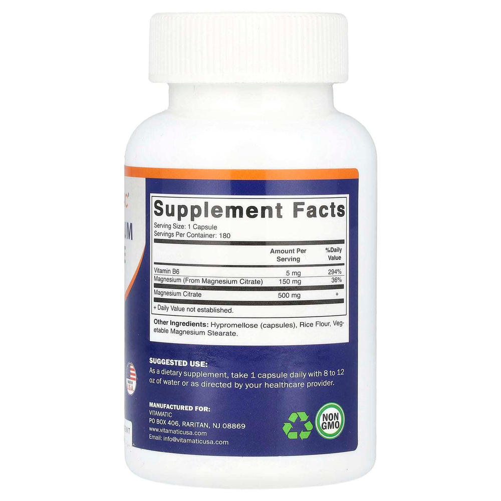 Vitamatic, Цитрат магния с витамином B6, 180 вегетарианских капсул